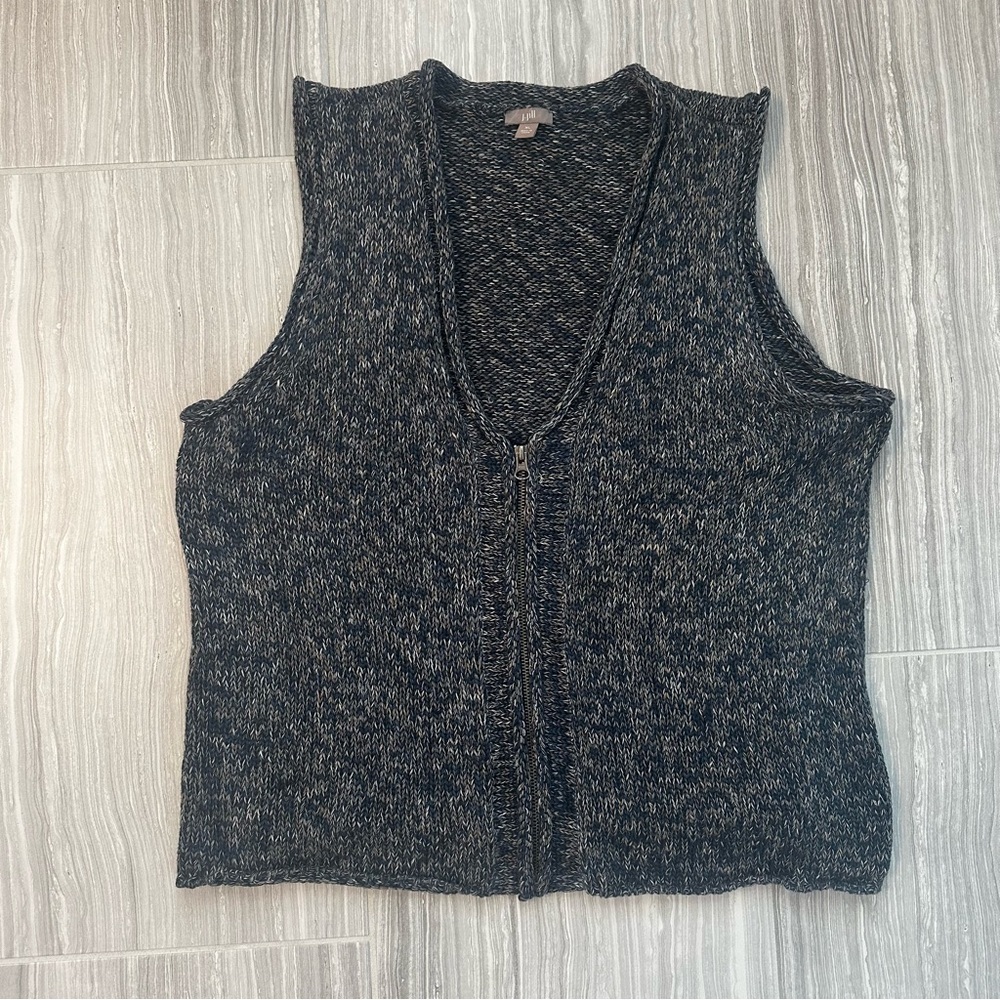 J. Jill Chunky Knit Sweater Vest XL | Full Zip Rolled V-Neck Navy Tan Cotton - Picture 3 of 6